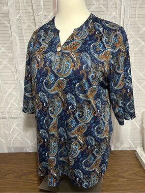 LIENRIDY 3X Women's Navy Paisley Split-Neck tunic 4/4L sleeve 27 p2p 32” L